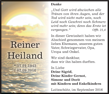 Traueranzeige von Reiner Heiland von Mitteldeutsche Zeitung Zeitz