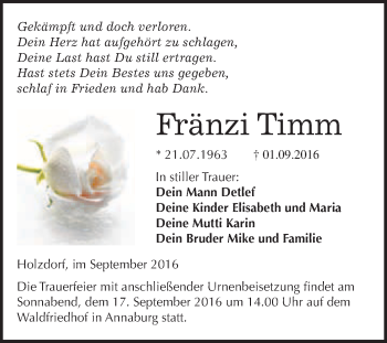Traueranzeige von Fränzi Timm von WVG - Wochenspiegel Wittenberg