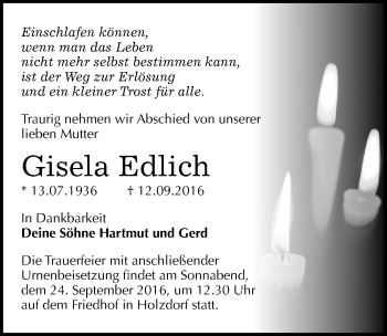 Traueranzeige von Gisela Edlich von Mitteldeutsche Zeitung Wittenberg