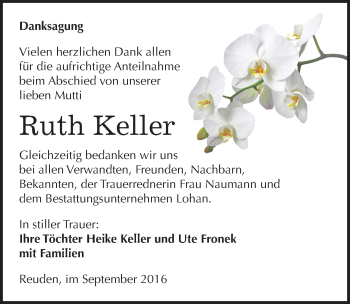 Traueranzeige von Ruth Keller von Mitteldeutsche Zeitung Bitterfeld