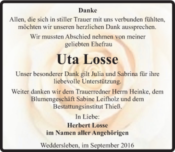 Traueranzeige von Uta Losse von Mitteldeutsche Zeitung Quedlinburg