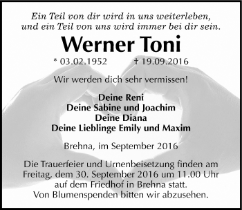 Traueranzeige von Werner Toni von Mitteldeutsche Zeitung Bitterfeld