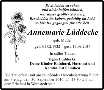 Traueranzeige von Annemarie Lüddecke von Mitteldeutsche Zeitung Quedlinburg