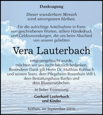 Traueranzeige von Vera Lauterbach von WVG - Wochenspiegel Dessau / Köthen