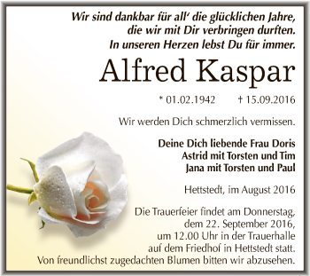 Traueranzeige von Alfred Kaspar von Super Sonntag SGH Mansf. Land