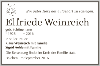 Traueranzeige von Elfriede Weinreich von Wochenspiegel Mansfelder Land