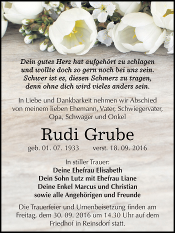 Traueranzeige von Rudi Grube von WVG - Wochenspiegel Dessau / Köthen