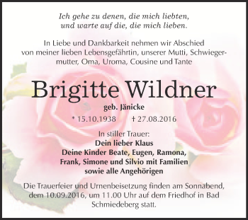 Traueranzeige von Brigitte Wildner von WVG - Wochenspiegel Wittenberg