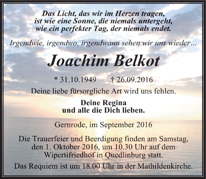  Traueranzeige für Joachim Belkot vom 28.09.2016 aus Mitteldeutsche Zeitung Quedlinburg