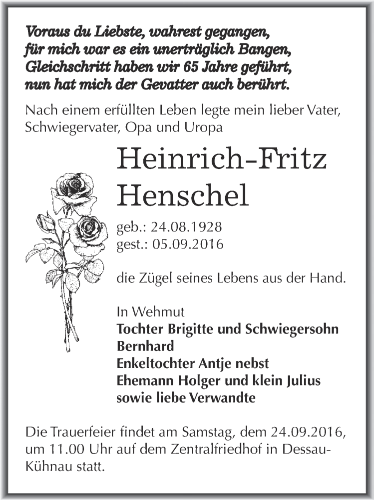  Traueranzeige für Heinrich-Fritz Henschel vom 17.09.2016 aus WVG - Wochenspiegel Dessau / Köthen