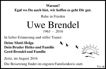 Traueranzeige von Uwe Brendel von Mitteldeutsche Zeitung Zeitz