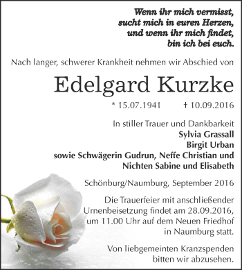 Traueranzeige von Edelgard Kurzke von WVG - Wochenspiegel NMB / WSF / ZTZ