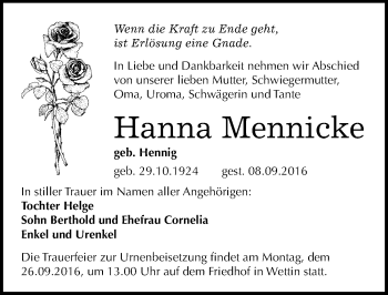 Traueranzeige von Hanna Mennicke von Mitteldeutsche Zeitung Halle/Saalkreis
