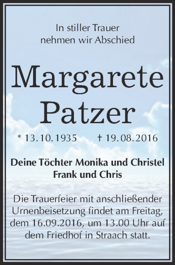 Traueranzeige von Margarete Patzer von WVG - Wochenspiegel Wittenberg