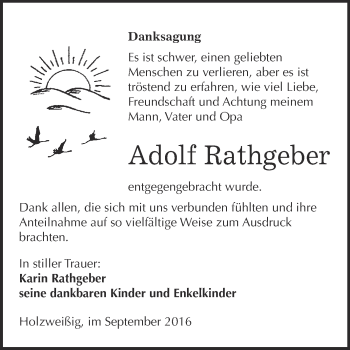 Traueranzeige von Adolf Rathgeber von WVG - Wochenspiegel Bitterfeld
