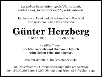 Traueranzeige von Günter Herzberg von Mitteldeutsche Zeitung Bitterfeld