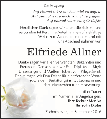 Traueranzeige von Elfriede Allner von WVG - Wochenspiegel Wittenberg