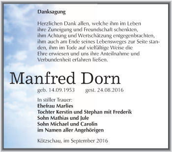 Traueranzeige von Manfred Dorn von WVG - Wochenspiegel Merseburg
