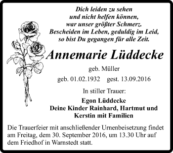 Traueranzeige von Annemarie Lüddecke von Super Sonntag Quedlinburg