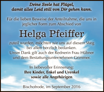 Traueranzeige von Helga Pfeiffer von Wochenspiegel Mansfelder Land