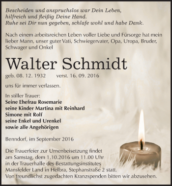 Traueranzeige von Walter Schmidt von Mitteldeutsche Zeitung Mansfelder Land