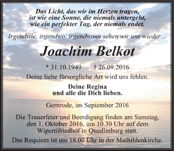 Traueranzeige von Joachim Belkot von Mitteldeutsche Zeitung Quedlinburg