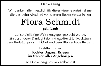 Traueranzeige von Flora Schmidt von Mitteldeutsche Zeitung Merseburg/Querfurt