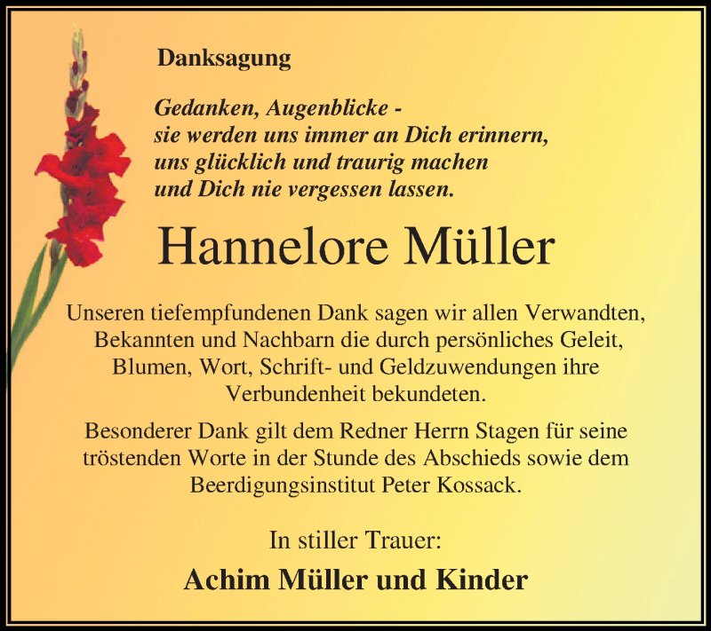  Traueranzeige für Hannelore Müller vom 24.09.2016 aus WVG - Wochenspiegel Dessau / Köthen