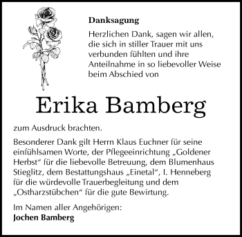 Traueranzeige von Erika Bamberg von Mitteldeutsche Zeitung Quedlinburg