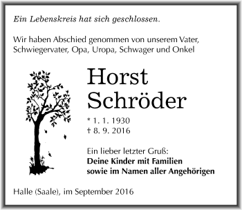 Traueranzeige von Horst Schröder von Mitteldeutsche Zeitung Halle/Saalkreis