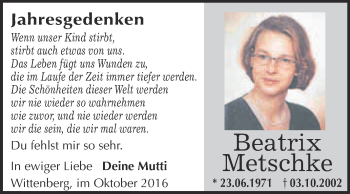 Traueranzeige von Beatrix Metschke von Super Sonntag Wittenberg