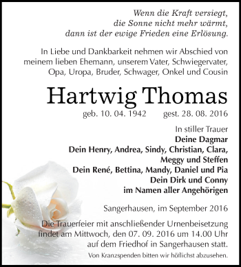 Traueranzeige von Hartwig Thomas von Super Sonntag SGH Mansf. Land