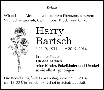 Traueranzeige von Harry Bartsch von Mitteldeutsche Zeitung Merseburg/Querfurt