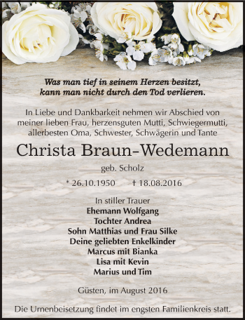 Traueranzeige von Christa Braun-Wedemann von Mitteldeutsche Zeitung Bernburg