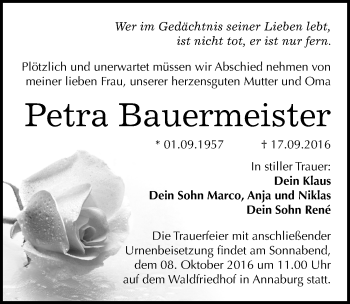 Traueranzeige von Petra Bauermeister von Mitteldeutsche Zeitung Wittenberg