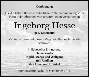 Traueranzeige von Ingeborg Hesse von Mitteldeutsche Zeitung Mansfelder Land