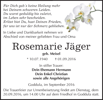Traueranzeige von Rosemarie Jäger von Mitteldeutsche Zeitung Merseburg/Querfurt