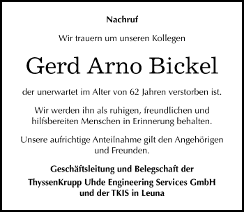 Traueranzeige von Gerd Arno Bickel von Mitteldeutsche Zeitung Merseburg/Querfurt