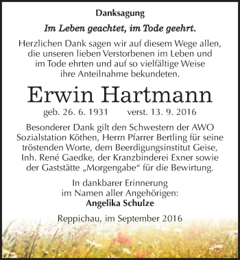 Traueranzeige von Erwin Hartmann von Mitteldeutsche Zeitung Köthen