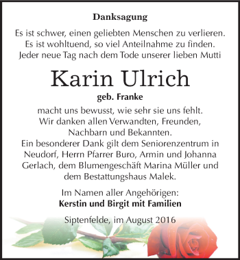 Traueranzeige von Karin Ulrich von Mitteldeutsche Zeitung Quedlinburg