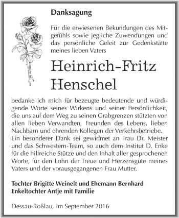 Traueranzeige von Heinrich-Fritz Henschel von WVG - Wochenspiegel Dessau / Köthen