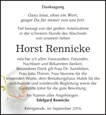 Traueranzeige von Horst Rennicke von Mitteldeutsche Zeitung Quedlinburg