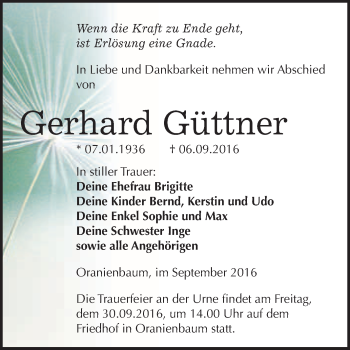 Traueranzeige von Gerhard Güttner von WVG - Wochenspiegel Wittenberg