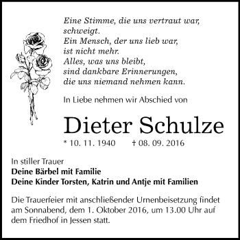 Traueranzeige von Dieter Schulze von WVG - Wochenspiegel Wittenberg