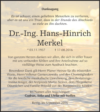 Traueranzeige von Hans-Hinrich Merkel von Super Sonntag Wittenberg