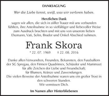Traueranzeige von Frank Skora von WVG - Wochenspiegel Merseburg