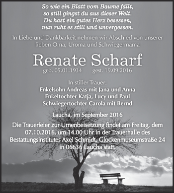 Traueranzeige von Renate Scharf von WVG - Wochenspiegel NMB / WSF / ZTZ