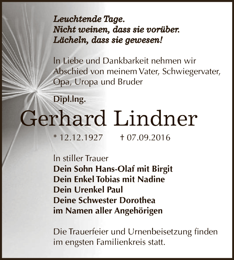  Traueranzeige für Gerhard Lindner vom 17.09.2016 aus WVG - Wochenspiegel Dessau / Köthen