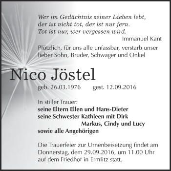 Traueranzeige von Nico Jöstel von Super Sonntag Merseburg