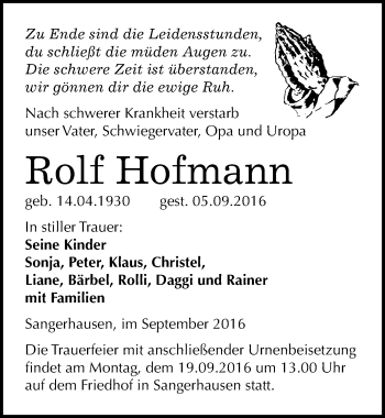 Traueranzeige von Rolf Hofmann von Mitteldeutsche Zeitung Sangerhausen